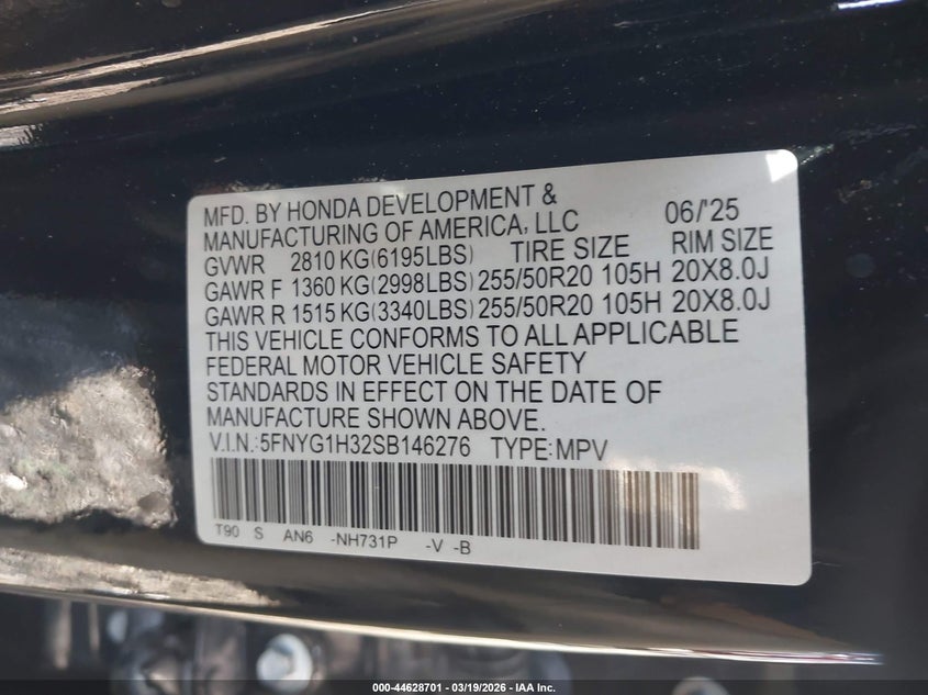 2025 Honda Pilot VIN 5FNYG1H32SB146276 IAAI salvage auction — RIGHT SIDE, Salvage - 75% Or Less (Maryland), sold $15,100 on 2026-07-27 (photo 6)