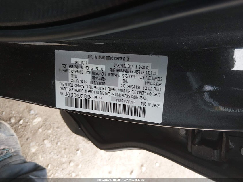 2018 Mazda Cx-9 VIN JM3TCBCY8J0213109 IAAI salvage auction — HAIL, Salvage (Kansas), sold $6,050 on 2026-07-10 (photo 9)