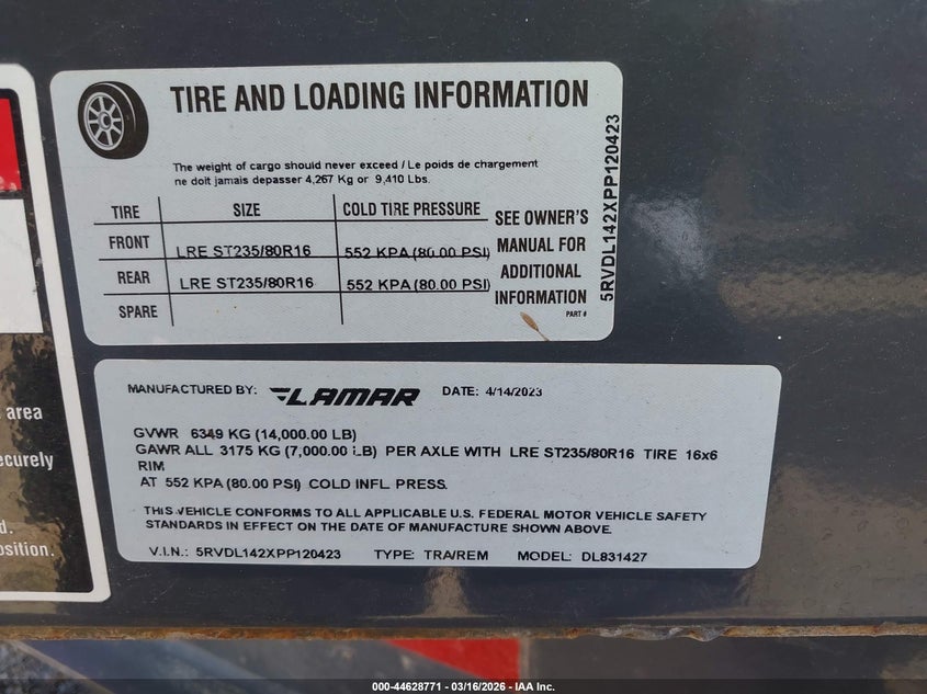 2023 VIN 5RVDL142XPP120423 IAAI salvage auction — REAR END, Salvage Title, sold $1,250 on 2026-07-20 (photo 9)