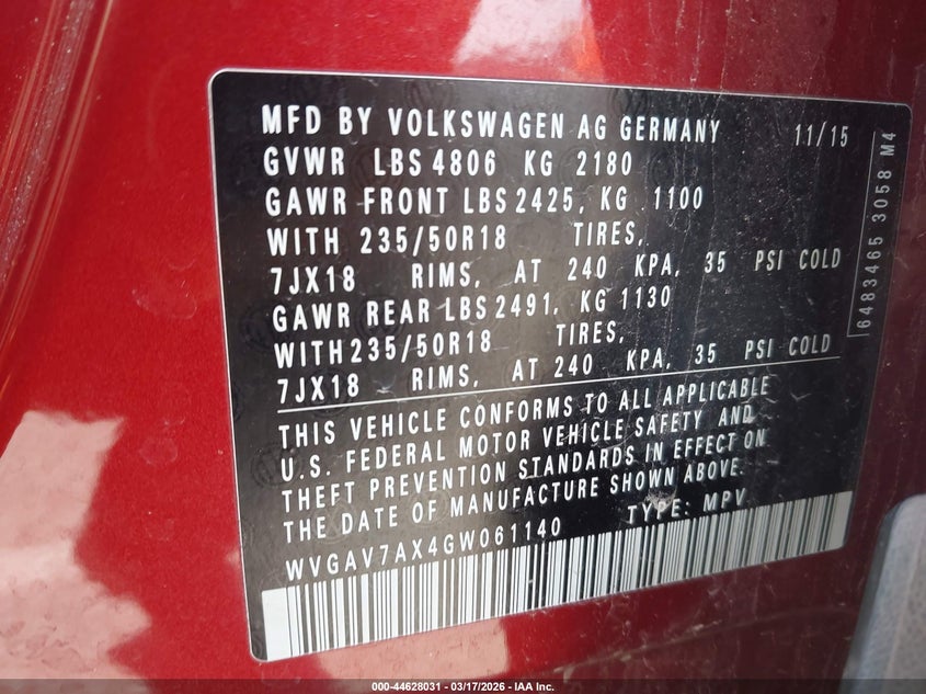 2016 Volkswagen Tiguan VIN WVGAV7AX4GW061140 IAAI salvage auction — FRONT END, Salvage (Missouri), sold $1,650 on 2026-07-14 (photo 9)
