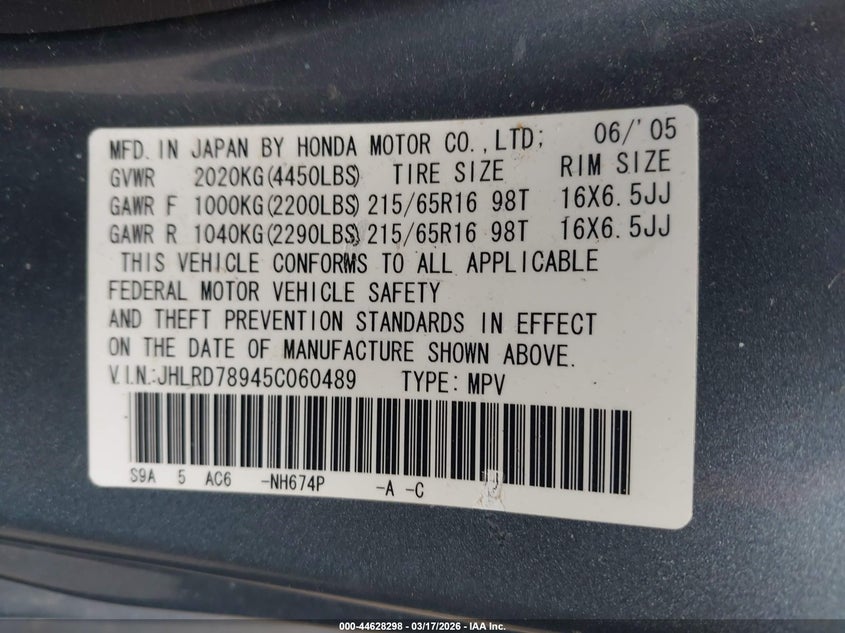 2005 Honda Cr-v VIN JHLRD78945C060489 IAAI salvage auction — FRONT END, Clear (Virginia), sold $500 on 2026-07-28 (photo 9)