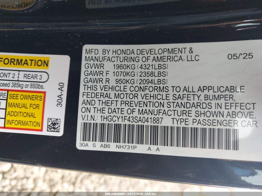 2025 Honda Accord VIN 1HGCY1F43SA041887 IAAI salvage auction — SIDE, Salvage Title, sold $9,400 on 2026-07-29 (photo 9)
