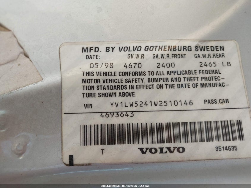 1998 Volvo V70 VIN YV1LW5241W2510146 IAAI salvage auction — RIGHT SIDE, Clear (Oklahoma), sold $975 on 2026-07-08 (photo 9)
