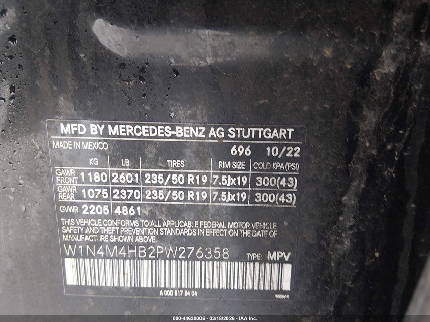 2023 Mercedes-benz Glb VIN W1N4M4HB2PW276358 IAAI salvage auction — FRONT END, Salvage Title, sold $9,150 on 2026-07-17 (photo 9)