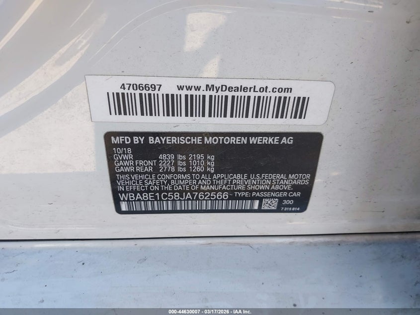 2018 BMW 3er VIN WBA8E1C58JA762566 IAAI salvage auction — FRONT END, Salvage Title, sold $3,200 on 2026-07-22 (photo 9)