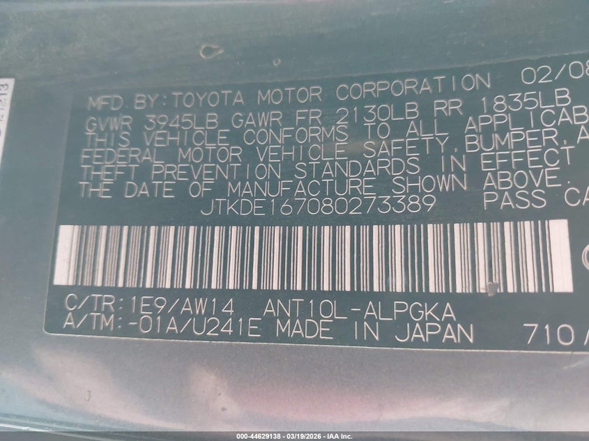2008 Scion Tc VIN JTKDE167080273389 IAAI salvage auction — FRONT & REAR, Bill Of Sale (Texas), sold $150 on 2026-08-03 (photo 9)