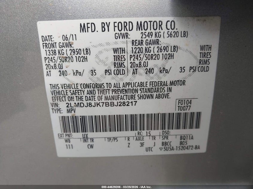 2011 Lincoln Mkx VIN 2LMDJ8JK7BBJ28217 IAAI salvage auction — ROOF, Clear (Montana), sold $950 on 2026-07-22 (photo 9)