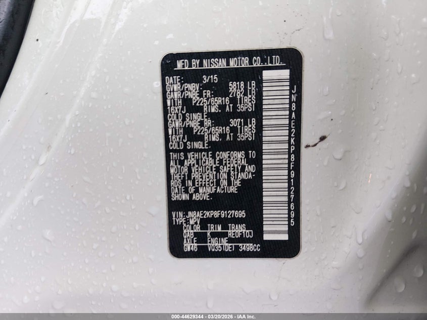 2015 Nissan Quest VIN JN8AE2KP8F9127695 IAAI salvage auction — FRONT END, Salvage Title, sold $550 on 2026-07-09 (photo 9)