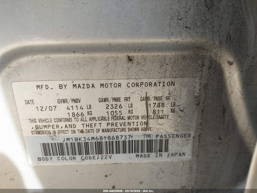 2008 Mazda 3 VIN JM1BK34M681868737 IAAI salvage auction — REAR END, Salvage (California), sold $375 on 2026-07-06 (photo 9)