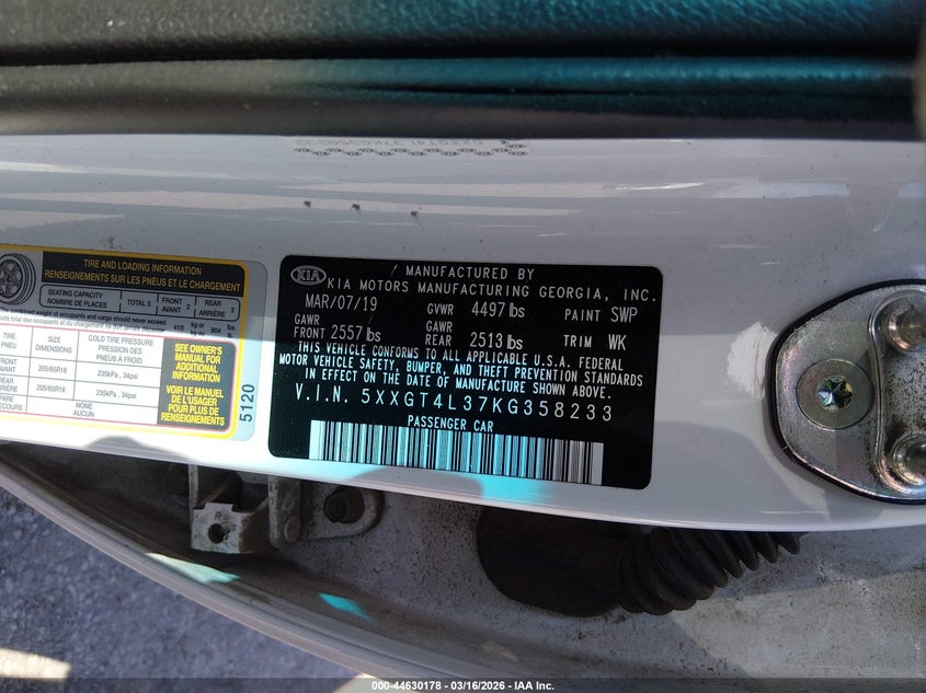2019 Kia Optima VIN 5XXGT4L37KG358233 IAAI salvage auction — LEFT FRONT, Salvage (Kansas), sold $2,000 on 2026-07-17 (photo 9)