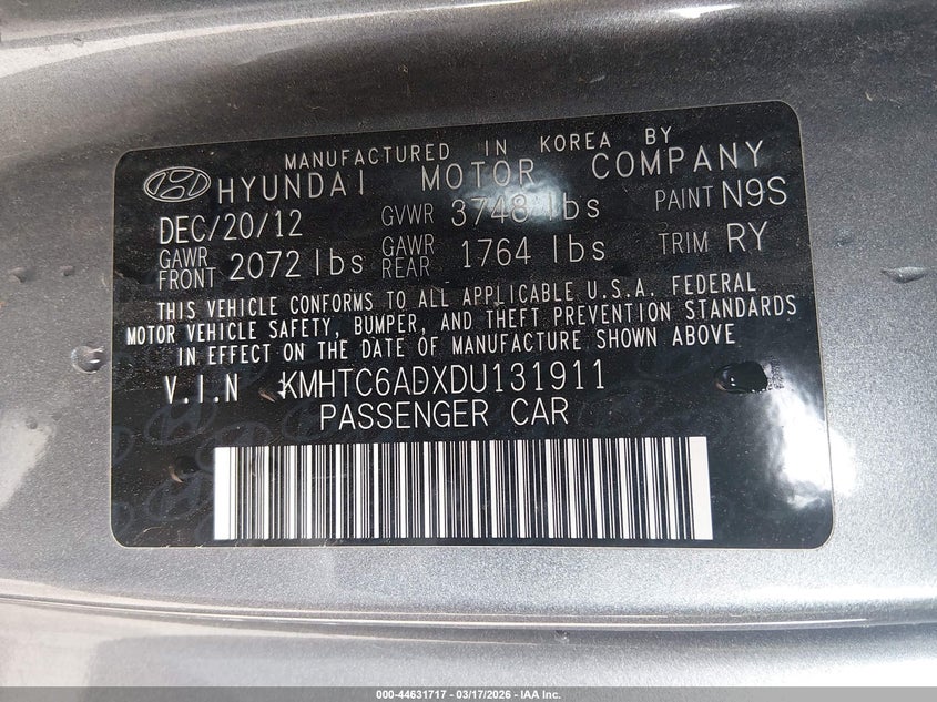 2013 Hyundai Veloster VIN KMHTC6ADXDU131911 IAAI salvage auction — LEFT FRONT, Salvage Title, sold $475 on 2026-07-17 (photo 9)
