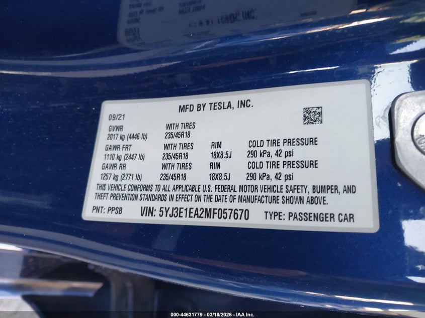 2021 Tesla Model 3 VIN 5YJ3E1EA2MF057670 IAAI salvage auction — FRONT END, Original (Texas), sold $6,175 on 2026-07-09 (photo 9)