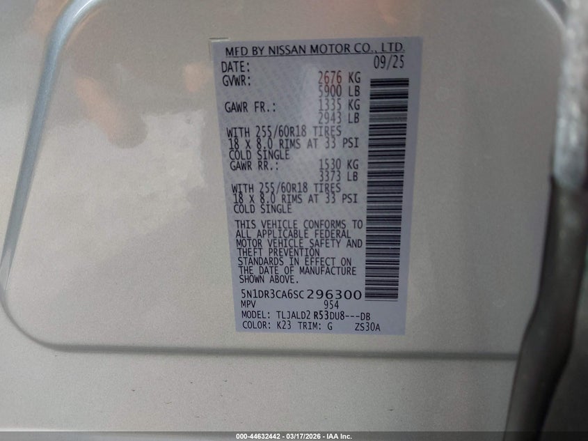2025 Nissan Pathfinder VIN 5N1DR3CA6SC296300 IAAI salvage auction — FRONT END, Salvage Title, sold $6,650 on 2026-07-27 (photo 9)