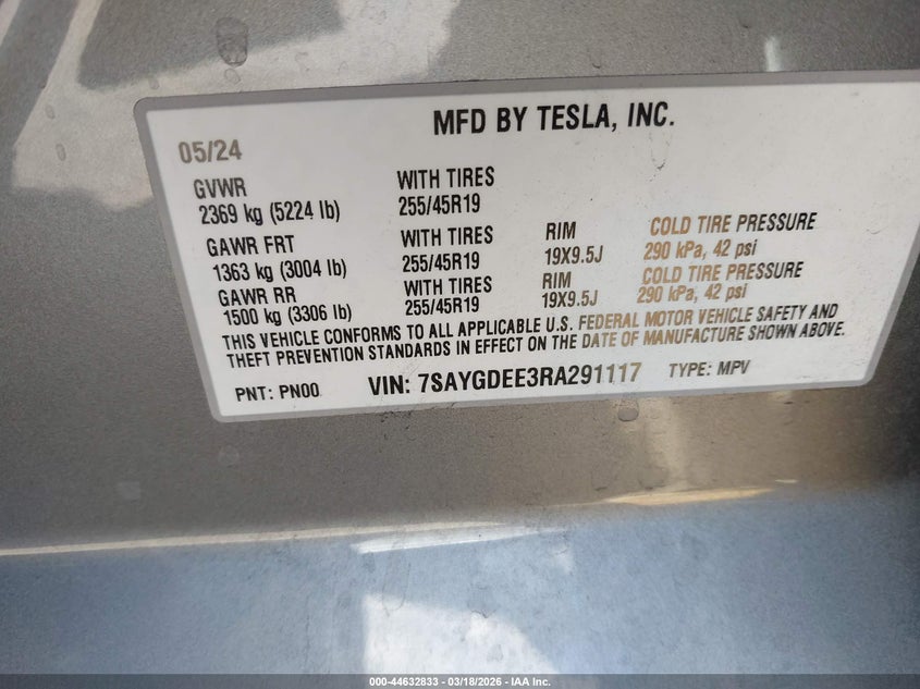 2024 Tesla Model y VIN 7SAYGDEE3RA291117 IAAI salvage auction — LEFT & RIGHT, Salvage Title, sold $7,800 on 2026-07-18 (photo 9)