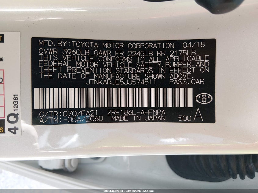 2018 Toyota Corolla VIN JTNKARJE5JJ574511 IAAI salvage auction — LEFT SIDE, Salvage Title, sold $2,225 on 2026-07-08 (photo 9)