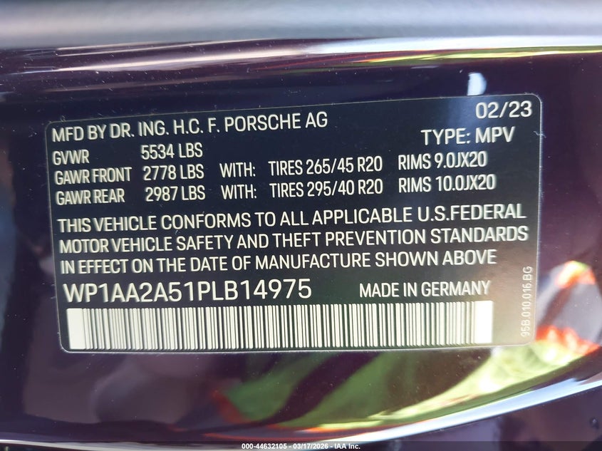 2023 Porsche Macan VIN WP1AA2A51PLB14975 IAAI salvage auction — RIGHT FRONT, Salvage (California), sold $25,600 on 2026-09-09 (photo 9)