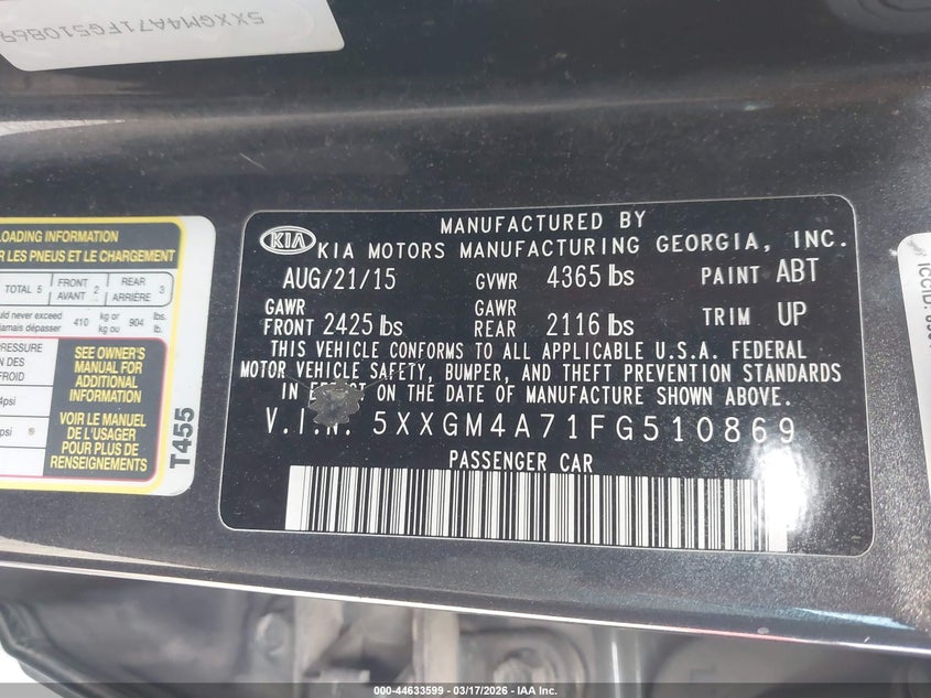 2015 Kia Optima VIN 5XXGM4A71FG510869 IAAI salvage auction — FRONT & REAR, Salvage Title, sold $175 on 2026-07-22 (photo 9)