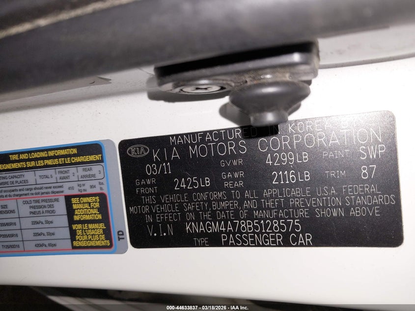 2011 Kia Optima VIN KNAGM4A78B5128575 IAAI salvage auction — RIGHT SIDE, Salvage (Idaho), sold $350 on 2026-07-10 (photo 9)