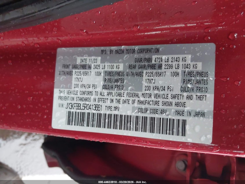 2024 Mazda Cx-5 VIN JM3KFBBL5R0413661 IAAI salvage auction — WATER/FLOOD, Salvage (Hawaii), sold $4,250 on 2026-07-26 (photo 9)