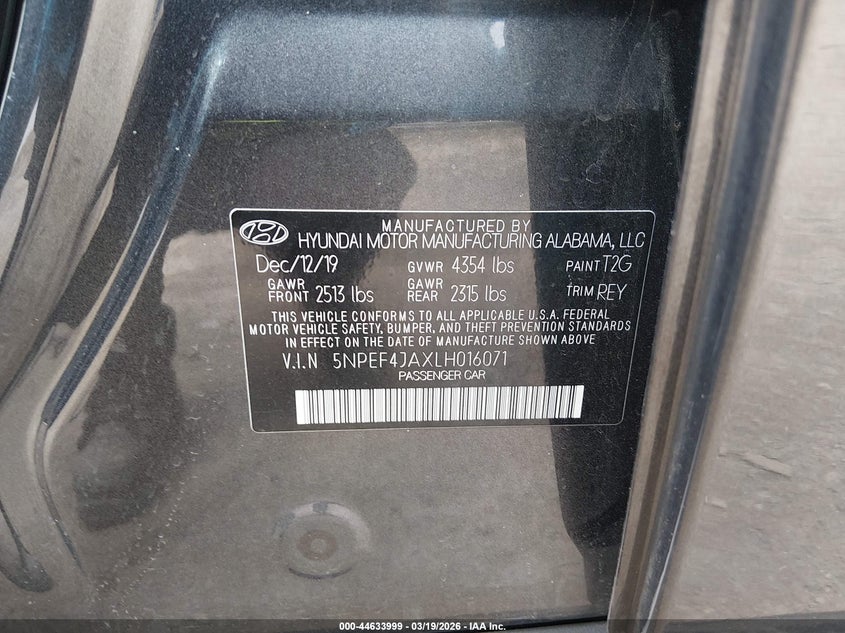 2020 Hyundai Sonata VIN 5NPEF4JAXLH016071 IAAI salvage auction — FRONT END, Salvage Title, sold $3,200 on 2026-07-16 (photo 9)