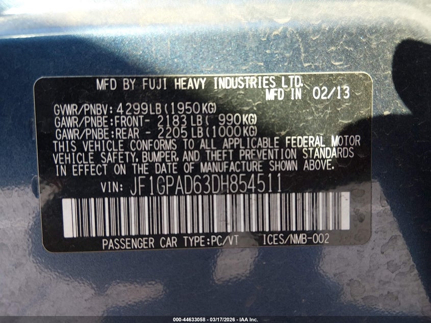2013 Subaru Impreza VIN JF1GPAD63DH854511 IAAI salvage auction — FRONT END, Salvage Title, sold $1,200 on 2026-07-17 (photo 9)