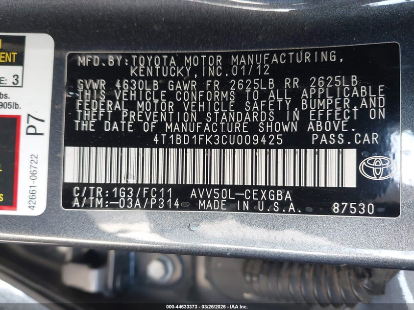 2012 Toyota Camry VIN 4T1BD1FK3CU009425 IAAI salvage auction — RIGHT FRONT, Salvage Title, sold $725 on 2026-07-09 (photo 9)