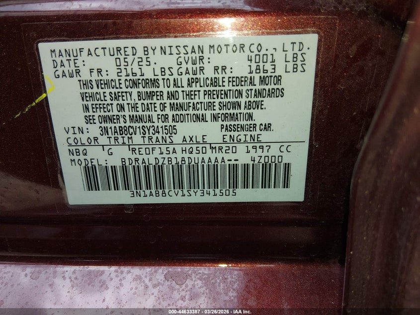 2025 Nissan Sentra VIN 3N1AB8CV1SY341505 IAAI salvage auction — LEFT FRONT, Wait Title, sold $3,900 on 2026-07-26 (photo 9)