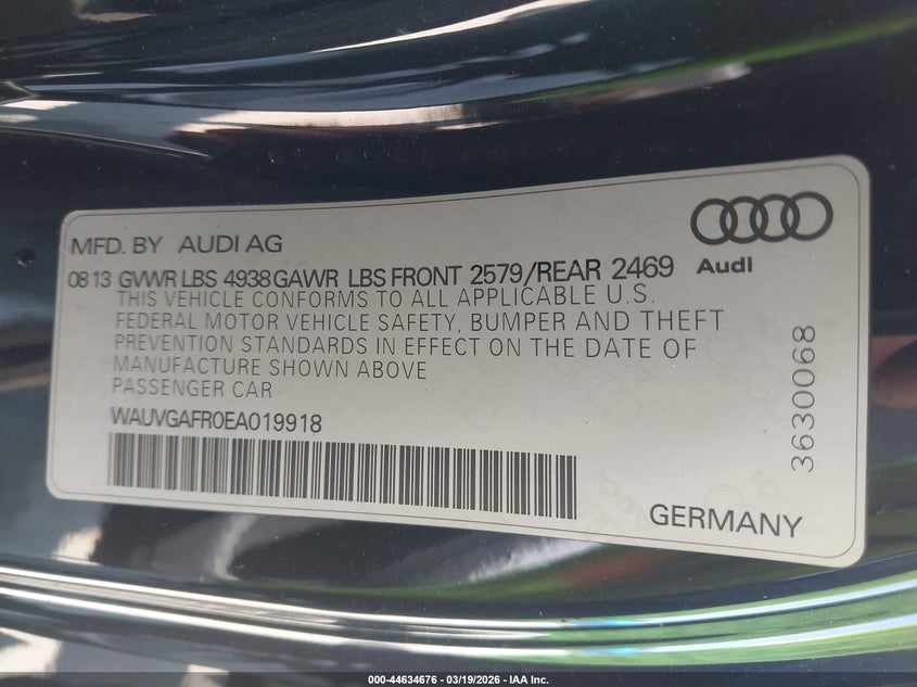 2014 Audi S5 VIN WAUVGAFR0EA019918 IAAI salvage auction — FRONT END, Salvage Title, sold $2,150 on 2026-07-14 (photo 9)