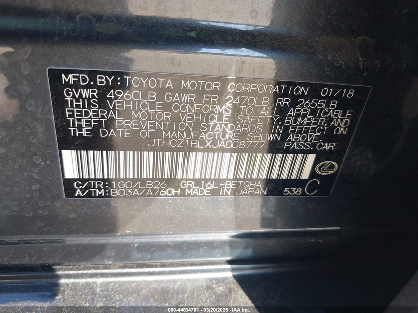 2018 Lexus Gs VIN JTHCZ1BLXJA008777 IAAI salvage auction — RIGHT SIDE, Original (Texas), sold $18,100 on 2026-09-03 (photo 9)