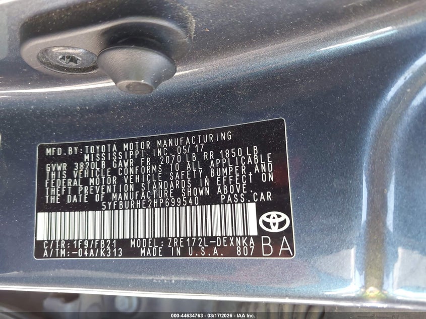 2017 Toyota Corolla VIN 5YFBURHE2HP699540 IAAI salvage auction — ALL OVER, Salvage Title, sold $1,000 on 2026-07-14 (photo 9)