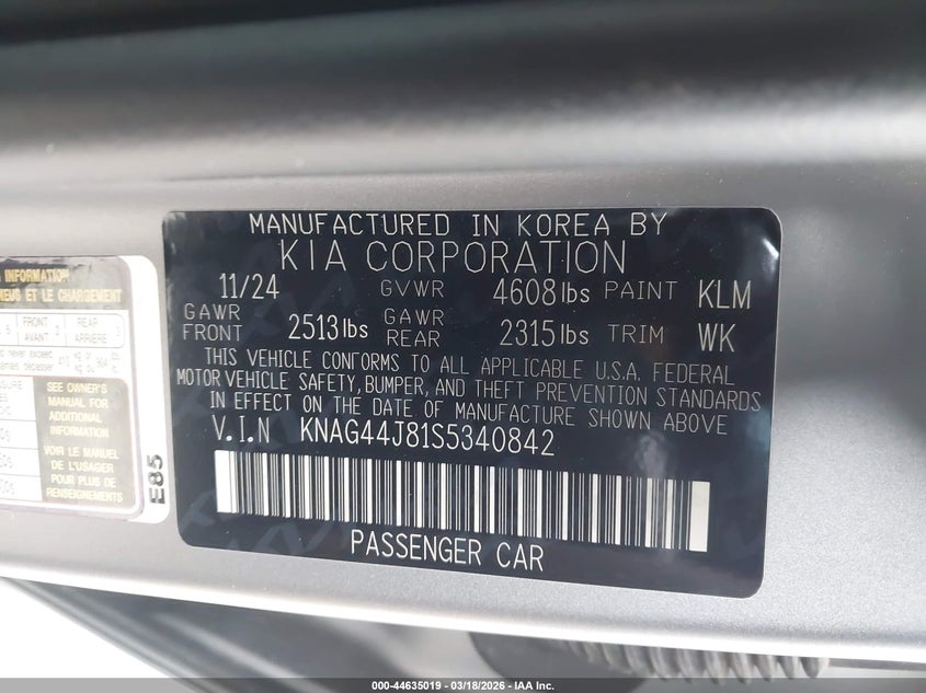 2025 Kia K5 VIN KNAG44J81S5340842 IAAI salvage auction — FRONT END, Salvage Title, sold $14,100 on 2026-07-07 (photo 9)