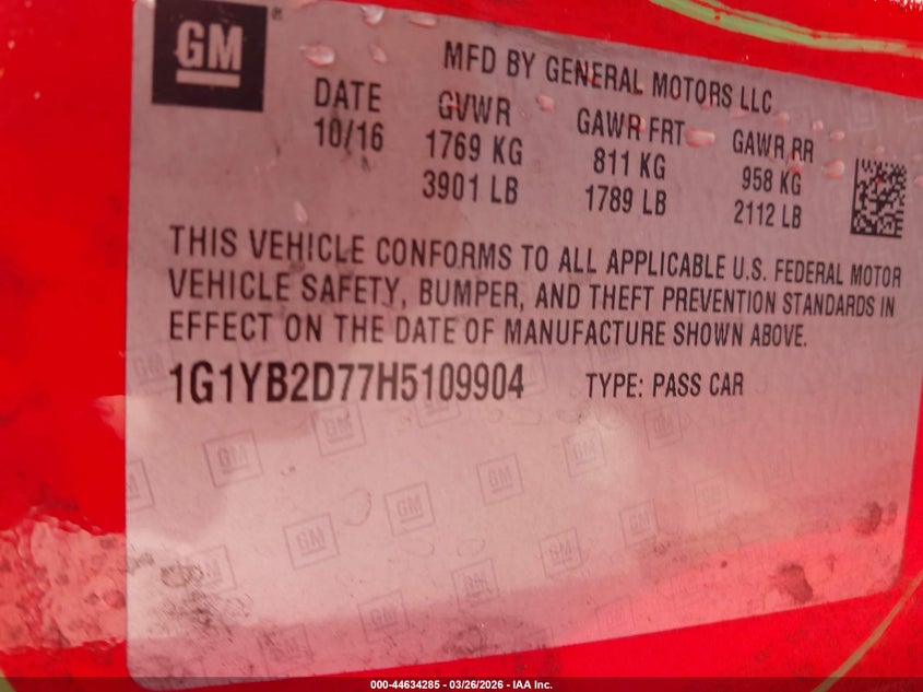 2017 Chevrolet Corvette VIN 1G1YB2D77H5109904 IAAI salvage auction — THEFT, Salvage (South Carolina), sold $22,200 on 2026-07-13 (photo 9)