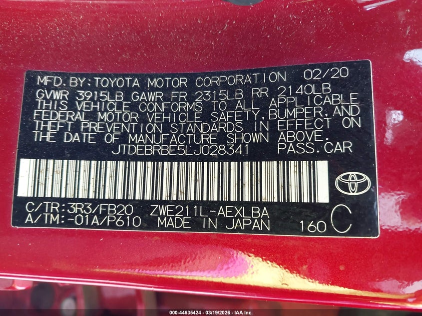 2020 Toyota Corolla VIN JTDEBRBE5LJ028341 IAAI salvage auction — FRONT END, Salvage Title, sold $2,250 on 2026-07-20 (photo 9)