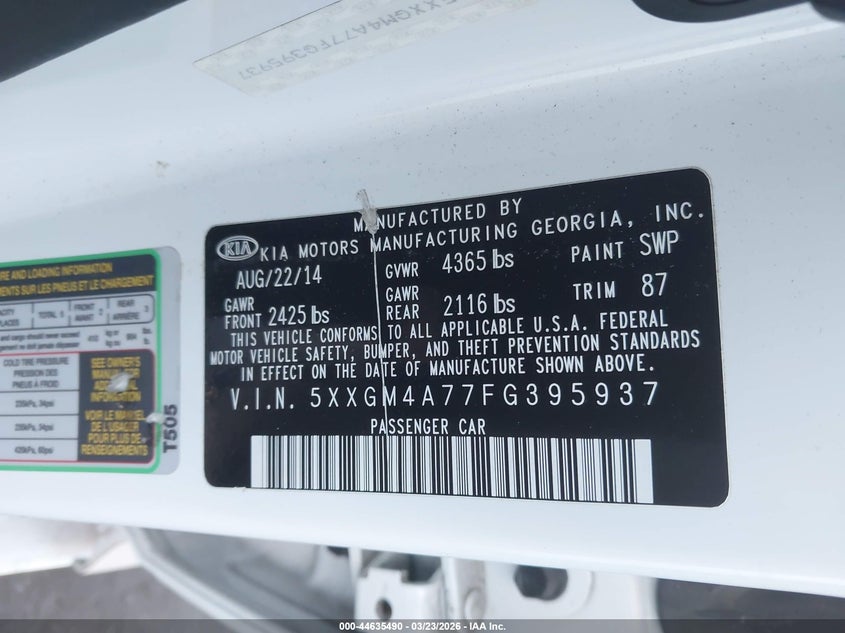 2015 Kia Optima VIN 5XXGM4A77FG395937 IAAI salvage auction — LEFT SIDE, Salvage Title, sold $875 on 2026-07-31 (photo 9)