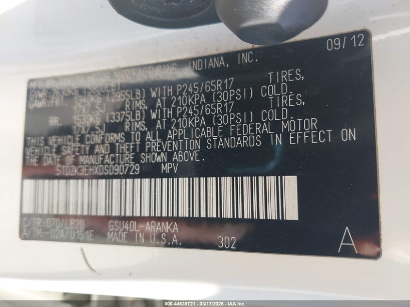 2013 Toyota Highlander VIN 5TDZK3EHXDS090729 IAAI salvage auction — FRONT END, Salvage Title, sold $3,000 on 2026-07-08 (photo 9)