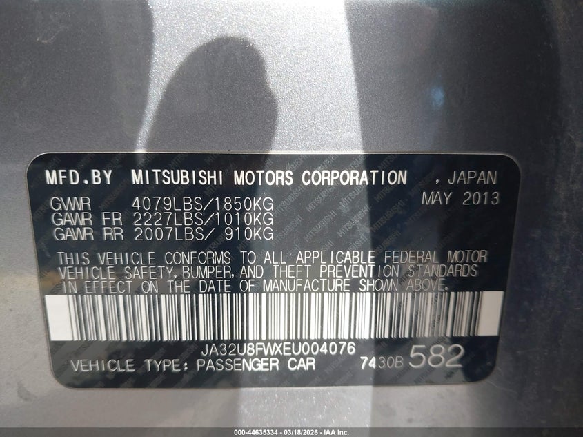 2014 Mitsubishi Lancer VIN JA32U8FWXEU004076 IAAI salvage auction — RIGHT SIDE, Salvage Title, sold $625 on 2026-07-28 (photo 9)