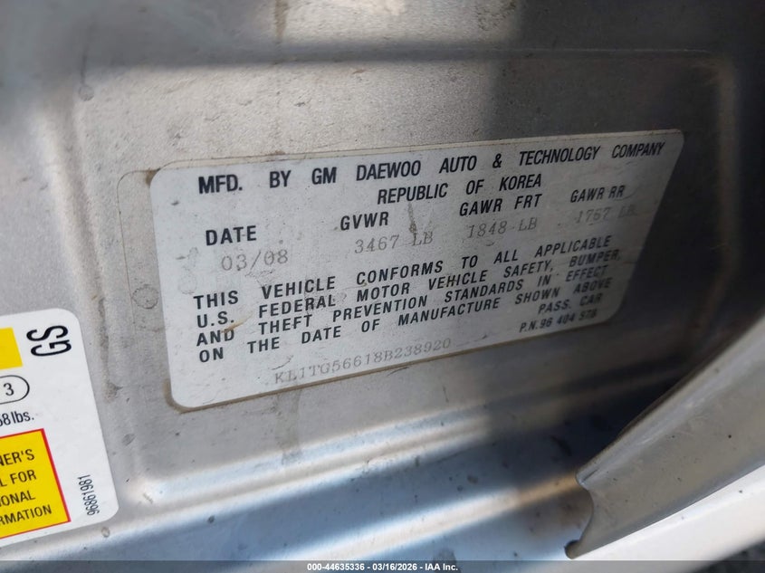 2008 Chevrolet Aveo VIN KL1TG56618B238920 IAAI salvage auction — NORMAL WEAR, Salvage (Idaho), sold $300 on 2026-07-20 (photo 9)