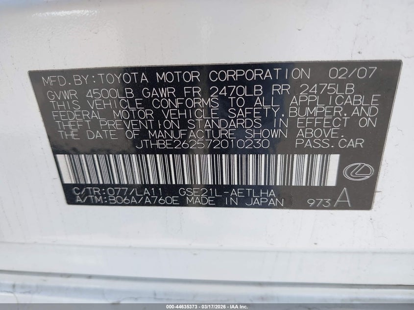 2007 Lexus Is 350 VIN JTHBE262572010230 IAAI salvage auction — RIGHT FRONT, Salvage (Arizona), sold $525 on 2026-07-28 (photo 9)