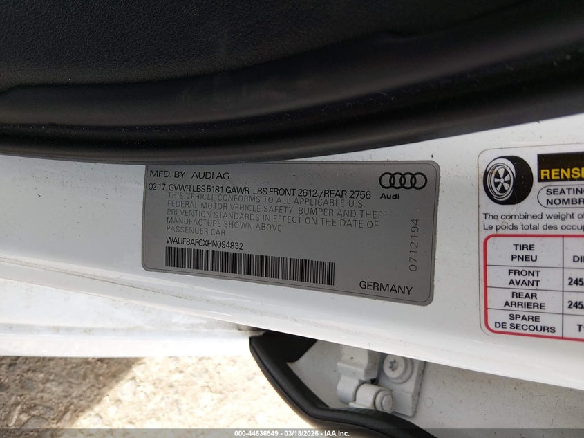 2017 Audi A6 VIN WAUF8AFCXHN094832 IAAI salvage auction — LEFT & RIGHT, Salvage (Colorado), sold $2,100 on 2026-07-28 (photo 9)