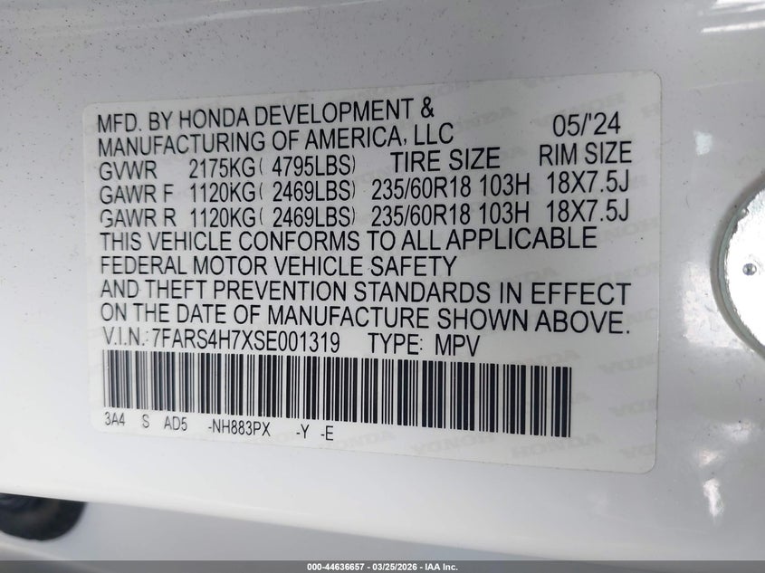 2025 Honda Cr-v VIN 7FARS4H7XSE001319 IAAI salvage auction — FRONT END, Wait Title, sold $19,100 on 2026-07-07 (photo 9)