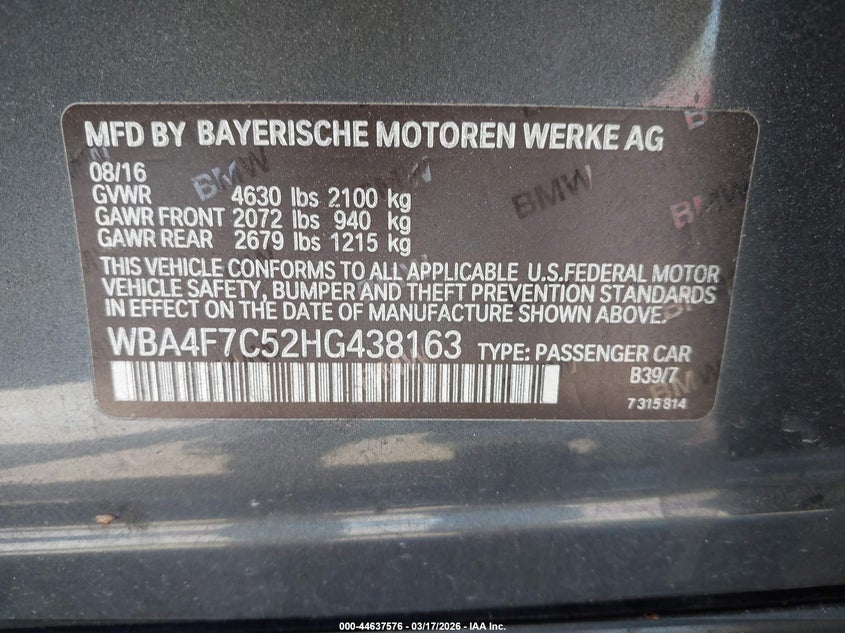 2017 BMW 4er VIN WBA4F7C52HG438163 IAAI salvage auction — LEFT REAR, Salvage Title, sold $4,400 on 2026-07-22 (photo 9)