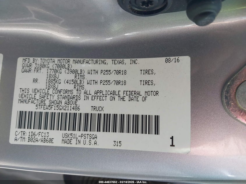 2016 Toyota Tundra VIN 5TFEW5F15GX211486 IAAI salvage auction — FRONT END, Salvage (North Carolina), sold $8,200 on 2026-08-02 (photo 9)