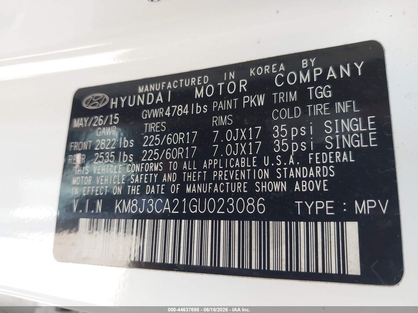 2016 Hyundai Tucson VIN KM8J3CA21GU023086 IAAI salvage auction — RIGHT SIDE, Salvage - Greater Than 75% (Maryland), sold $2,100 on 2026-07-29 (photo 9)