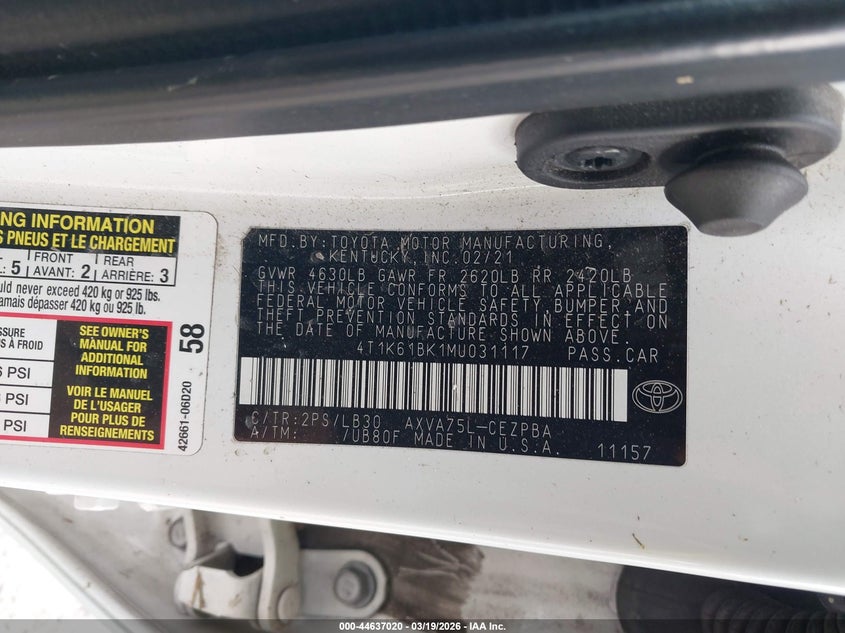 2021 Toyota Camry VIN 4T1K61BK1MU031117 IAAI salvage auction — FRONT & REAR, Salvage (New Jersey), sold $8,100 on 2026-07-31 (photo 9)