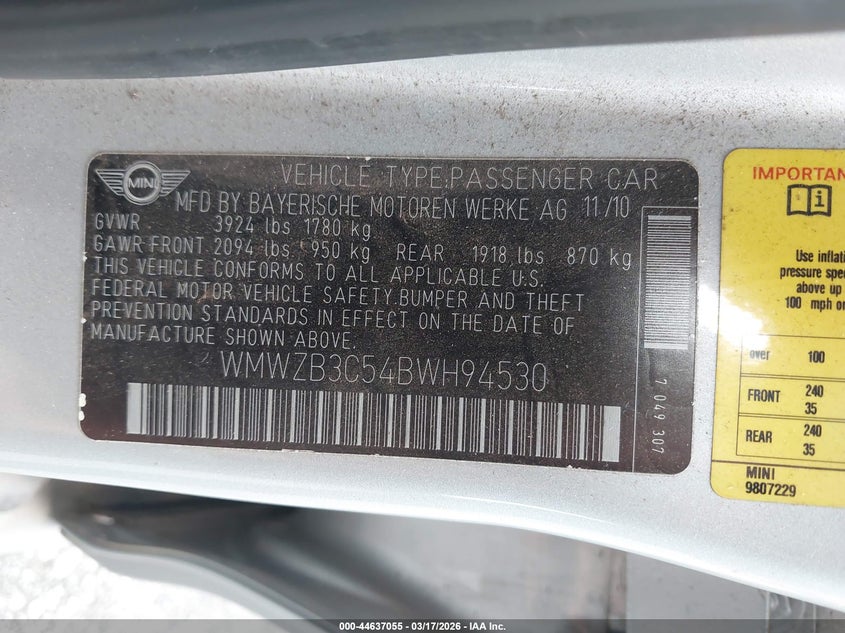 2011 Mini VIN WMWZB3C54BWH94530 IAAI salvage auction — FRONT END, Clear (Hawaii), sold $1,875 on 2026-07-07 (photo 9)