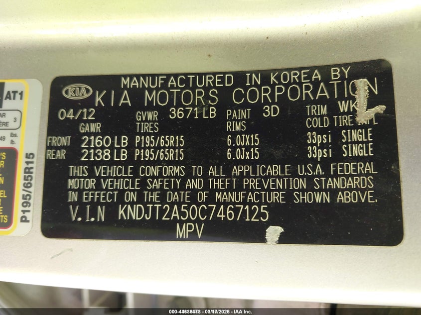 2012 Kia Soul VIN KNDJT2A50C7467125 IAAI salvage auction — FRONT END, Salvage Title, sold $300 on 2026-07-07 (photo 9)