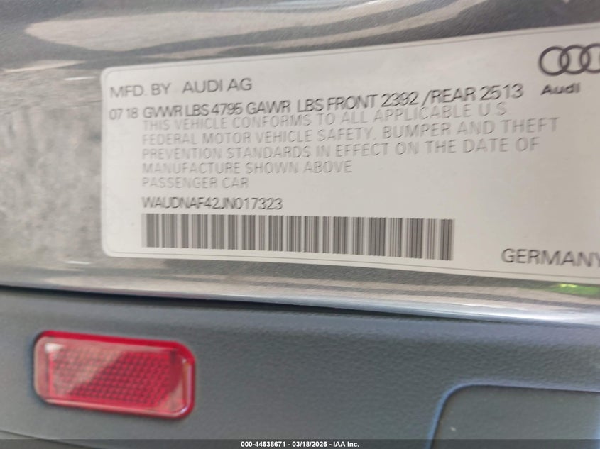 2018 Audi A4 VIN WAUDNAF42JN017323 IAAI salvage auction — FRONT END, Original (Texas), sold $4,150 on 2026-08-16 (photo 9)