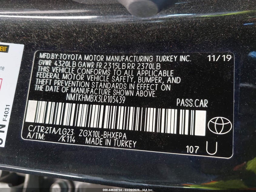 2020 Toyota C-hr VIN NMTKHMBX3LR105439 IAAI salvage auction — LEFT SIDE, Original (Texas), sold $7,200 on 2026-07-29 (photo 9)