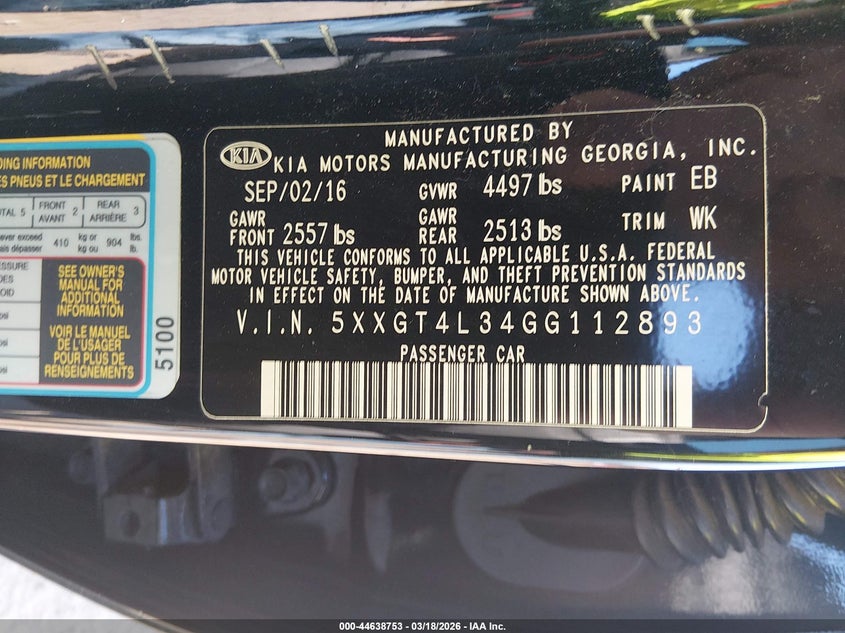 2016 Kia Optima VIN 5XXGT4L34GG112893 IAAI salvage auction — FRONT END, Salvage (South Carolina), sold $1,100 on 2026-07-28 (photo 9)