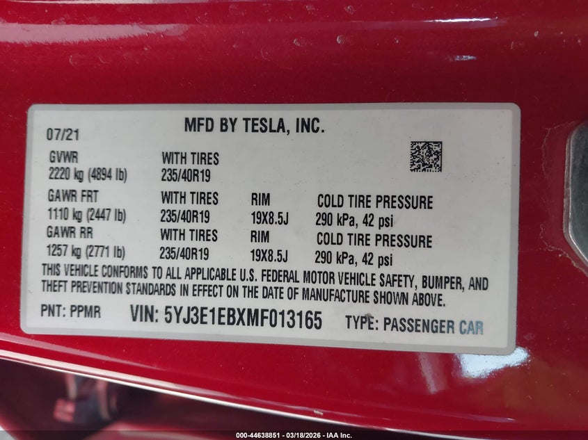 2021 Tesla Model 3 VIN 5YJ3E1EBXMF013165 IAAI salvage auction — UNDERCARRIAGE, Salvage Title, sold $5,700 on 2026-07-23 (photo 9)